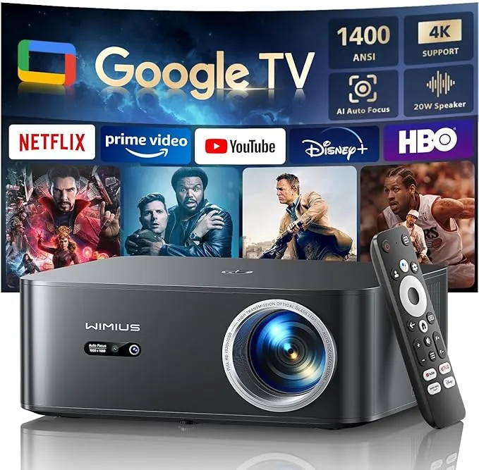 Proyector 4K【1400 ANSI/Google TV/Netflix Ready】 WiMiUS Proyector Full HD 1080P Nativo, Auto Focus/Keystone, WiFi 6&Bluetooth 5.2, Control de Voz Projector en Casa/Exterior (Negro)