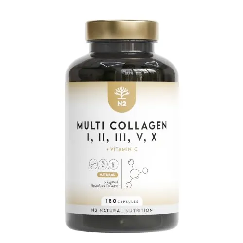 Multi Colágeno Hidrolizado Puro 1650mg + Vitamina C 53mg. Colágeno Tipo I, II, III, V y X, 180 cápsulas. Favorece la Salud de Piel, Cabello, Huesos y Articulaciones. N2 Natural Nutrition.