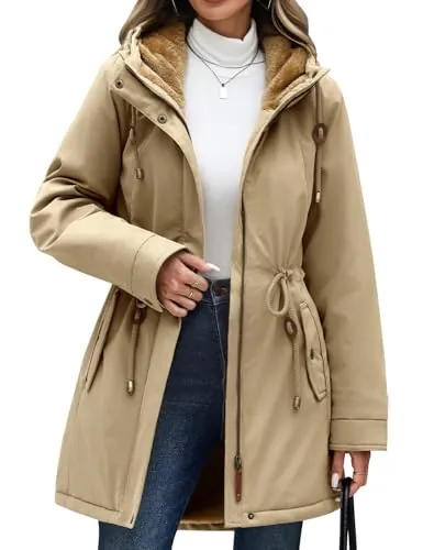 CMTOP Chaqueta Mujer Invierno Cálido Forro Polar Parka Elegante Casual Abrigo Gruesa Impermeable Cortaviento Hoodie Slim Fit Outwear con Capucha y Bolsillos(Caqui, S)