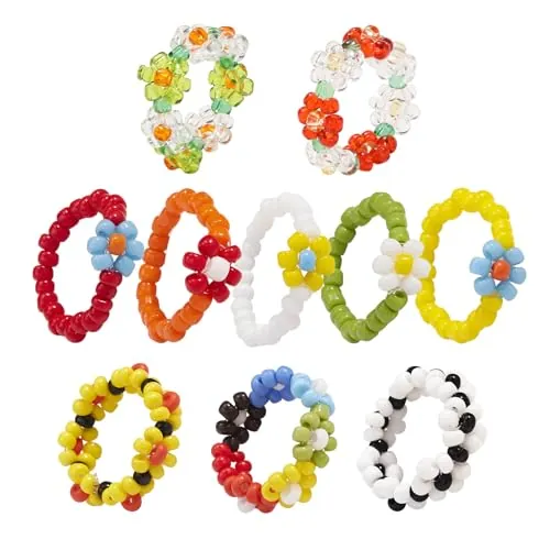 10PCS Margarita Anillos de Cuentas para Mujeres Niñas,Hecho a Mano Anillos con Elástico, Apilable Anillos Estéticos de Imitación Lindos, Anillos Vintage Bohemios, Regalo para Cumpleaños Bodas Fiestas