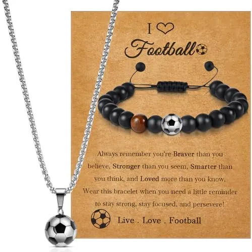 Otuuz 2 Joyas de Fútbol para Niños Incluye Colgante con Balón de Fútbol Collar con Cadena de Fútbol Pulsera con Tarjeta de Fútbol Regalo de Joyería para Amantes de Fútbol Adolescentes (Clásico)