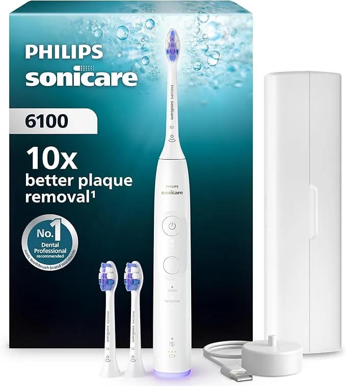 Philips Sonicare 6100 cepillo dental eléctrico, sónico con 2 modos de cepillado y 3 niveles de intensidad, EasyStart, estuche de viaje, blanco, HX7400/02 [Nueva Tecnología]