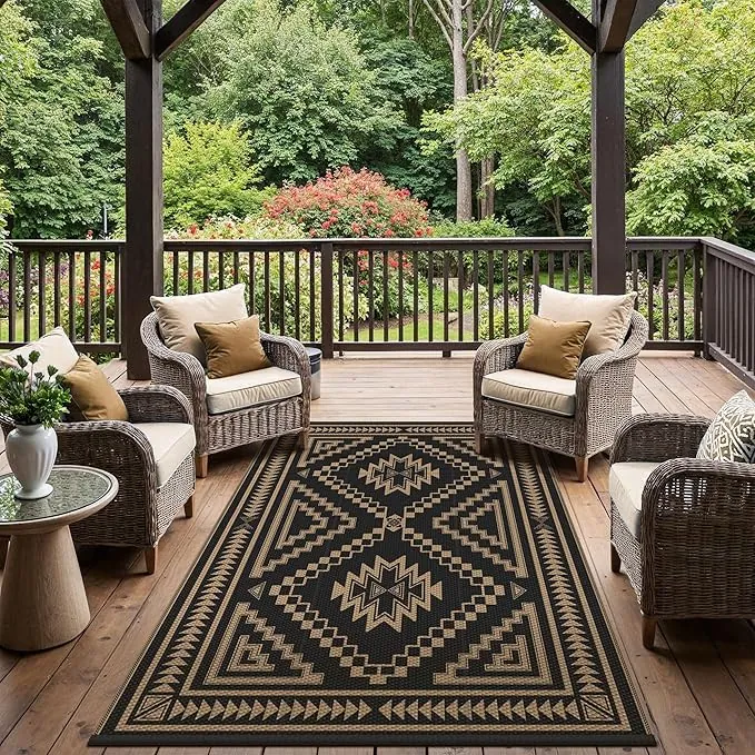 GENIMO Alfombra Exterior Terraza,Impermeable Reversible Plástico, Alfombra Barbacoa Exterior para Jardín, Picnic, Balcón,Lozenge Negro Marrón,240x300 cm