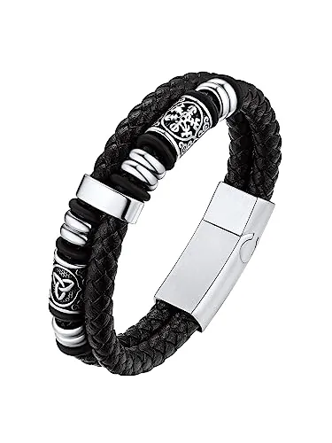 Bestyle Pulseras de Hombre Piel Cuero Brújula Celta Pulseras Vikingas 21cm Hombre Cierre Magnético para Pulsera