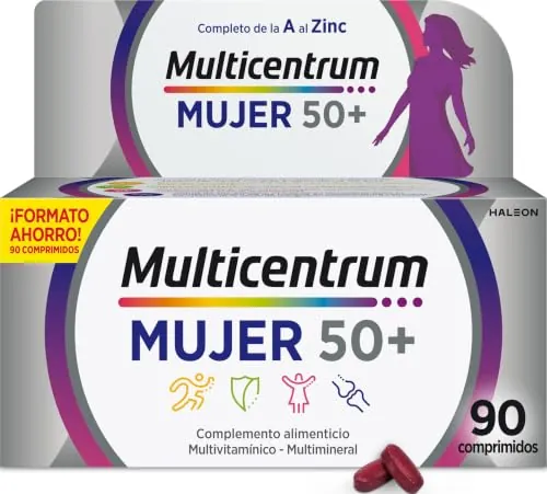 Multicentrum Mujer 50+, Multivitamínico y Multimineral, 90 Comprimidos | Vitaminas y minerales para mujeres 50+, postmenopausia, sistema inmunitario, huesos, sin gluten, 90 comprimidos diarios