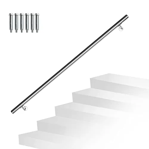 Randaco Pasamanos de acero inoxidable, pasamanos de pared, incluye soporte de pared y tapas finales, para interiores y exteriores, balcones, longitud: 150 cm