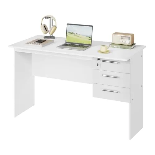 WOLTU Mesa de Ordenador con 3 Cajones, Escritorio de Trabajo, Blanco