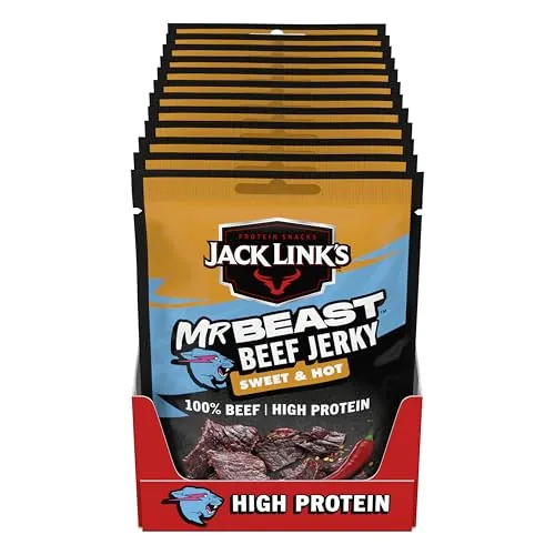 Jack Link’s Beef Jerky Sweet & Hot - MrBeast Edition - Pack de 12 (12 x 25g) Snack Alto en Proteína - Snack Proteico para Fitness, Gym y Outdoor - Carne de Vacuno Deshidratada Estilo Americano