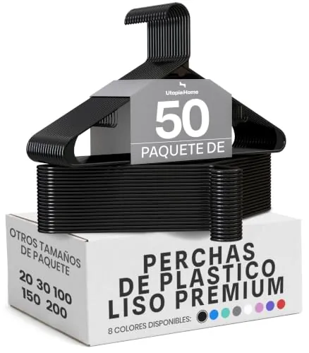 Utopia Home 50 Perchas de Plástico Negras, Ahorro de Espacio | Gran durabilidad | Plástico resistente | Ganchos integrados | Uso diario