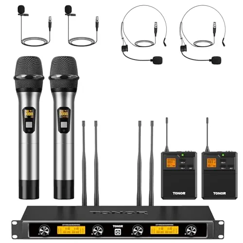 TONOR Sistema de Microfono Inalámbrico UHF, Micrófono de Mano/Auriculares/Lavalier, Transmisor de Bolsillo, Receptor Metálico de 4x5 Frecuencias, Alcance de 90m para Karaoke en Iglesias, 4 Canales