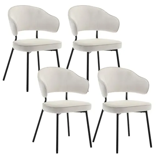 WOLTU Juego de 4 Sillas de Comedor,Terciopelo, Blanco | Ergonomica con Respaldo y Brazos para Salón y Dormitorio,Patas de Metal