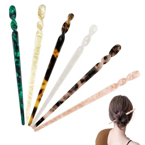 6 Piezas Palillos para el Cabello de Acetato, Tocado de Carey con Estampado de Leopardo Accesorios Retro,Clips para Palillos Vintage, Horquillas Largas Chinas Mujeres niñas, De Pelo Francés Alfiler