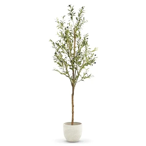 MAIA SHOP Olivo Artificial Minimal 180 cm - Árbol Artificial Interior con Tronco Natural y Aceitunas - Planta Artificial Realista para Hogar Salón Recibidor Oficina - Maceta Negra Incluida