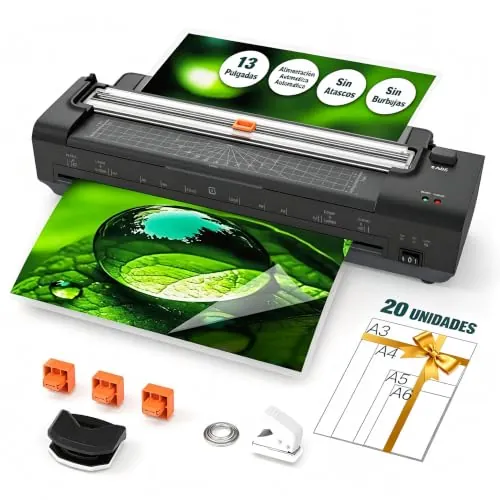 Máquina plastificadora 13-in, plastificadora A3/A4 con 20 fundas, ABS anti-atasco frío/caliente, guillotina-cortadora 10 en 1 con laminadora para hogar, oficina, escuela y negocios, Negro.
