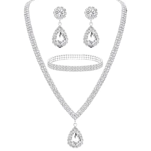 AWAVM Juego de joyas de novia para boda, graduación, disfraz, gargantilla de cristal con diamantes de imitación, collar, pulsera, aretes colgantes para novia, mujeres y niñas, talla única, Metal, No