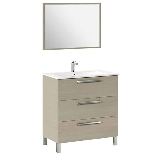 ARKITMOBEL Mueble de Baño Athena con 3 Cajones y Espejo, Módulo de Lavabo con Patas, Color Roble, Medidas: 80x86x45 cm (Lavabo No Incluido)
