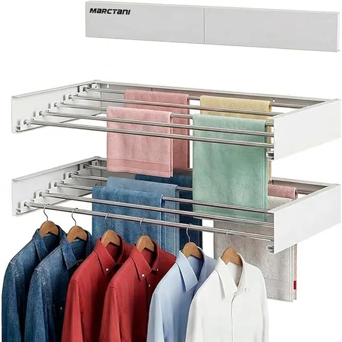 Marctani Tendedero Extensible Pared Ahorra Espacio - Tendederos Plegables ANTIOXIDANTES Interior o Exterior - Tendal Plegable Resistente 24 Pinzas - Tenderete de Ropa (Blanco, 100 CM)