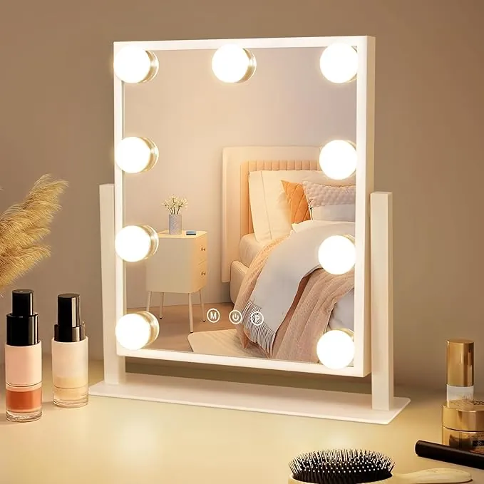 Espejo de Maquillaje con iluminación Hollywood Espejo – Espejo de vanidad con 9 LED pequeño Espejo cosmético con luz 360° rotación Espejo de Mesa 3 Modos Espejo tocador táctil Regulable