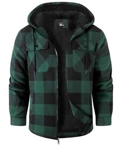 SwissWell Hombres Camisa Chaqueta Cuadros de Franela a Cuadros Gruesos Forro Felpa Casual Forrado Hombres Sudadera Capucha Chaqueta Invierno con Bolsillos(Verde M)