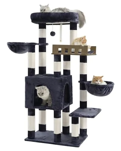 Gitelsnour Rascador para Gatos Grandes Interiores, Árbol para Gatos de más de 20 lbs+, con Gran Plataforma Superior de Madera, 14 Postes, Cuevas, Pompones, Cestas, Gris Ahumado GCT023G