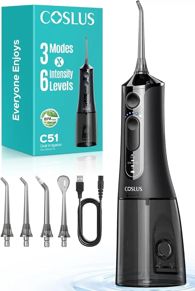 COSLUS C51 Irrigador Dental Bucal Portatil: 3 Modos y 18 Presión Ajustable -300ml IPX7 Irrigador Bucal Inalámbrico para Ortodoncia/Encías Sensibles -Limpieza Dientes de Hogar Viaje - 4 Boquillas Negro