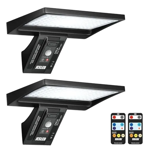 JESLED Luz Solar Exterior con Control Remoto, 104LED Focos Solares, IP65 Impermeable, 3 Colores, 4 Modos con Sensor De Movimiento para Jardín, Garaje, Camino, 2 Paquete