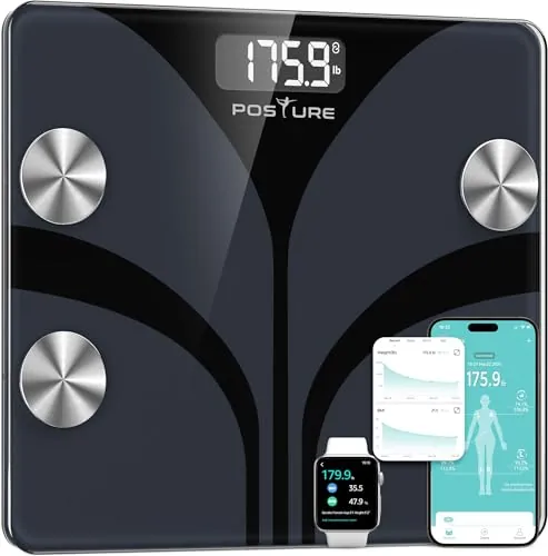 Báscula de Baño Digital Inteligente con Sincronización en App - 13 Indicadores de Composición Corporal Grasa Músculo IMC Agua Alta Precisión hasta 180 kg, Báscula de Fitness para Hombre y Mujer