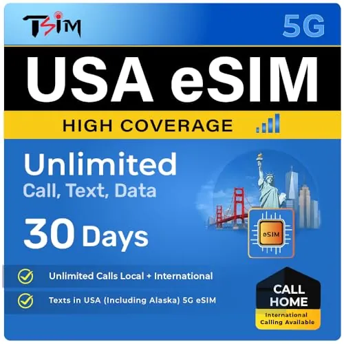 TSIM USA eSIM 30 días | Alta Cobertura | Datos ilimitados en la Red de AT&T | Llamadas y Mensajes de Texto Locales e internacionales ilimitados en EE. UU. (Incluido Alaska) | eSIM en 24 Horas
