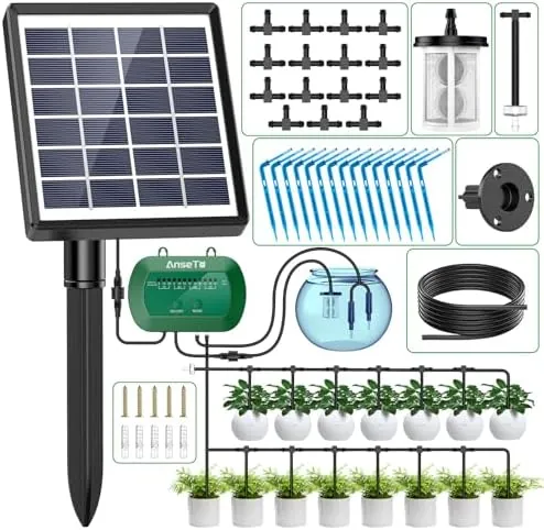 Sistema de Riego Solar para Jardín, Kit Riego por Goteo Solar con 15 Micro Cabezales de Goteo, Riego por Goteo Automatico para Vacaciones Terrazas de Balcones Invernaderos Macetas Plantas