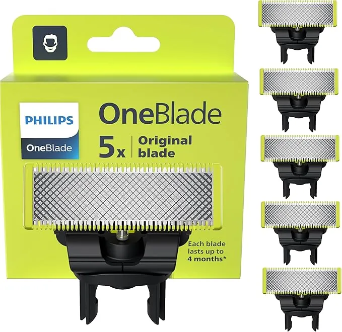 Philips OneBlade, Cuchillas de Repuesto Originales Para Recortador Barba y Maquina afeitar Hombre, Compatible con todos los Pack 5 unidades, QP250/50