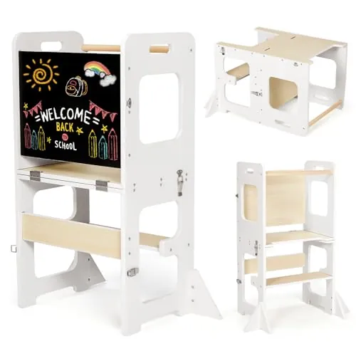 Labebe Torre de Aprendizaje, Montessori Torre Plegable per niño, Multifuncional Learning Tower con Pizarra, 3 en 1 Torretta Torre de Aprendizaje a Partir de 1 Año-Blanco y Madera