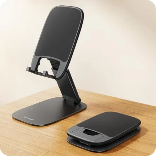 Lamicall Soporte Móvil Mesa Plegable, Soporte Teléfono - [15mm Ultrafino] | Base Metálica Estable, Altura & Ángulo Ajustables, Soporte Universal para iPhone 18 Pro Max 18 Duo 17 16 15 y Otro Smartphone