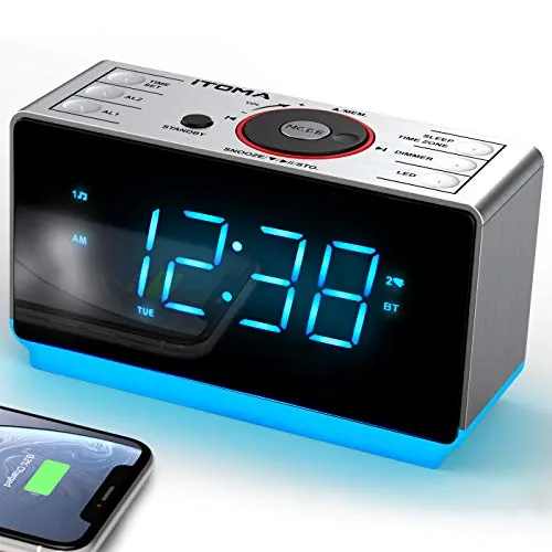 iTOMA Radio Despertador con Altavoz Bluetooth, Radio FM, Doble Alarma con Snooze, Gran Pantalla LED, Control de Atenuación, Salida de Larga USB y Luz Nocturna CKS708