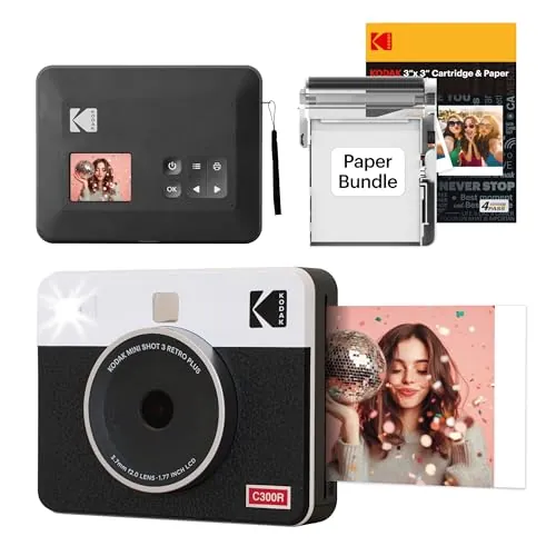 Kodak Mini Shot 3 Retro 4PASS 2 en 1 - Cámara instantánea e impresora fotográfica portátil (7,6 x 7,6 cm) + paquete de 38 hojas, color blanco