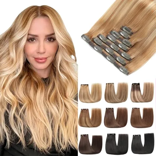 EINbeauty Extensiones de clip de pelo humano, 7 unidades, 120 g, 45 cm, extensiones de pelo humano recto, color marrón claro con rubio dorado (18 pulgadas, 10/10/22#)