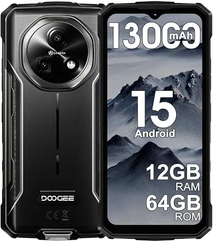 DOOGEENEXT Fire 5 Teléfono Robusto, 13000mAh 10W, 12GB+64GB/2TB 4G Android 15 Móvil, 6.6" HD+90Hz, 13MP+8MP Durabilidad Todoterreno, IP68/NFC/Face ID/3 Slots/OTG/GPS (Negro)