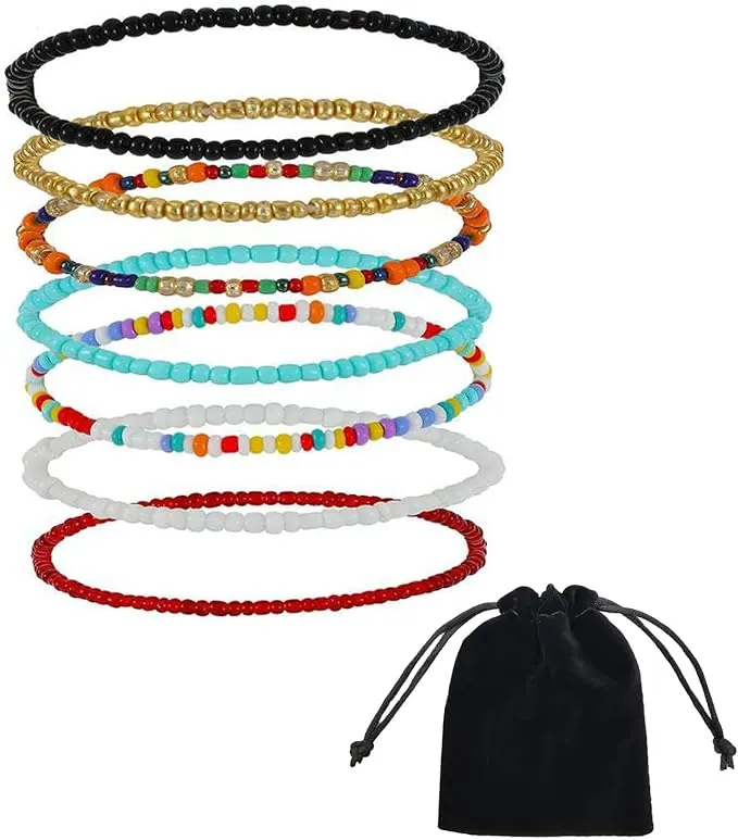Tobilleras para mujer, tobilleras bohemias, coloridas cuentas de arroz, tobilleras con cuentas hechas a mano, joyería para pies multicapa, para mujeres y niñas,paquete de 7