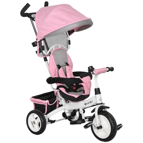 HOMCOM Triciclo Evolutivo 6 en 1 para Bebés y Niños de 1-5 Años con Toldo Plegable Mango Telescópico Desmontable Cinturón de Seguridad y Cesto 95x50x106 cm Rosa
