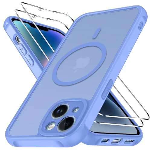 ivoler Funda Magnética para iPhone 14 con 2 Piezas Cristal Templado, Compatible con MagSafe, [Protección Militar] Protectora Antiarañazos Translúcida Mate Silicona Case, Azul Claro