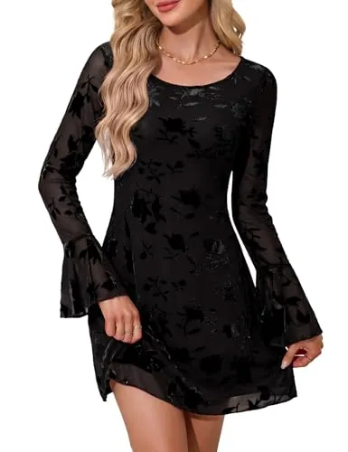 heekpek Vestido Mujer Manga Larga Elegante Mini Vestido(Negro,S)