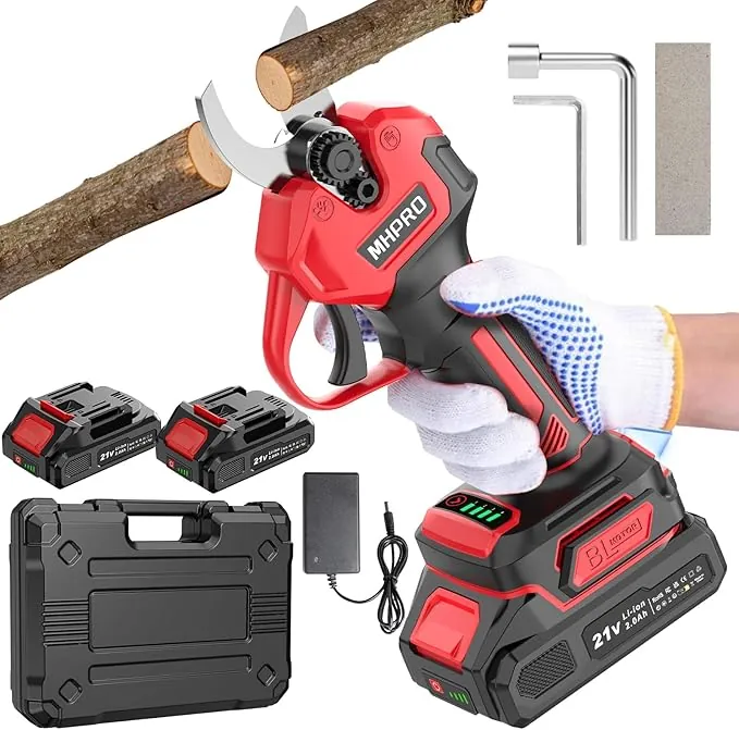 Tijeras de Podar Electricas Sin Escobillas, MHPRO Tijeras de Podar 21V con Baterías 2x2000mAh, Pantalla LCD, Tijeras podar Bateria para Jardinería, Árboles Frutales, Viñedos y Granja, Rojo