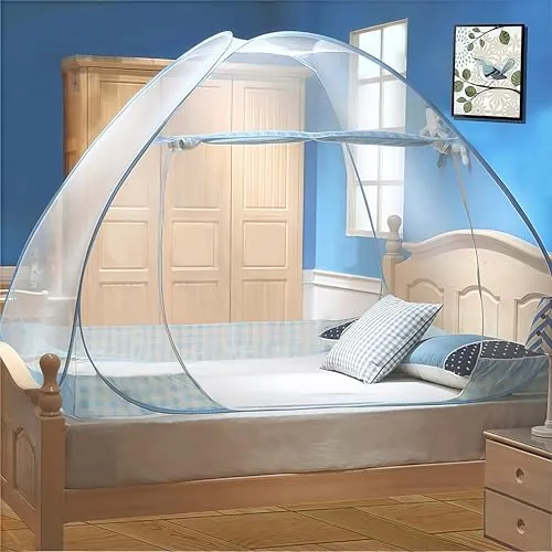 Digead Pop-up Mosquitera para Cama Individual 100x200 cm con Una Puerta – Plegable y Emergente, Ligera y Transpirable de Poliéster, Portátil para Viaje, Hogar o Bebés - Borde Azul