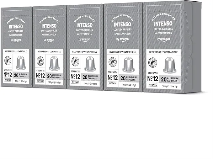by Amazon - Cápsulas de café Intenso, tueste oscuro, compatibles con Nespresso, 100 unidades, 5 paquetes de 20, certificado Rainforest Alliance