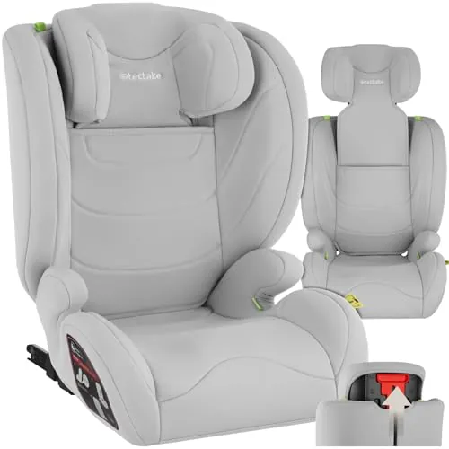 tectake® Silla de Coche Infantil, Homologada i-Size ECE R129, Con ISOFIX, Cinturón de 3 Correas, Reposacabezas Regulable, Acolchado Extragrueso, Hatsa 36 Kg, Funda Extraíble, 100-150 cm - gris claro
