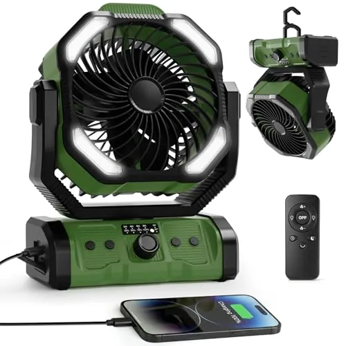 ELZO Camping Ventilador 20000mAh, Portátil Recargable para Escritorio Tienda de Campaña con Control Remoto y Gancho, Luz LED, Ventilador USB de Velocidad Continua, Hogar Exterior Viajes Pesca