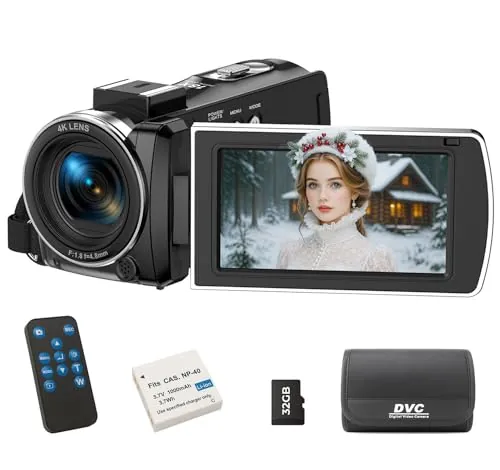 FIREFOTO Cámara de vídeo 4K 64MP Videocámara 18X Digital Zoom Camara Video, 3" 270° giratoria Pantalla Vlog Cámara para Youtube, Camcorder Video Camera con Tarjeta SD de 32 GB, Remoto, Batería