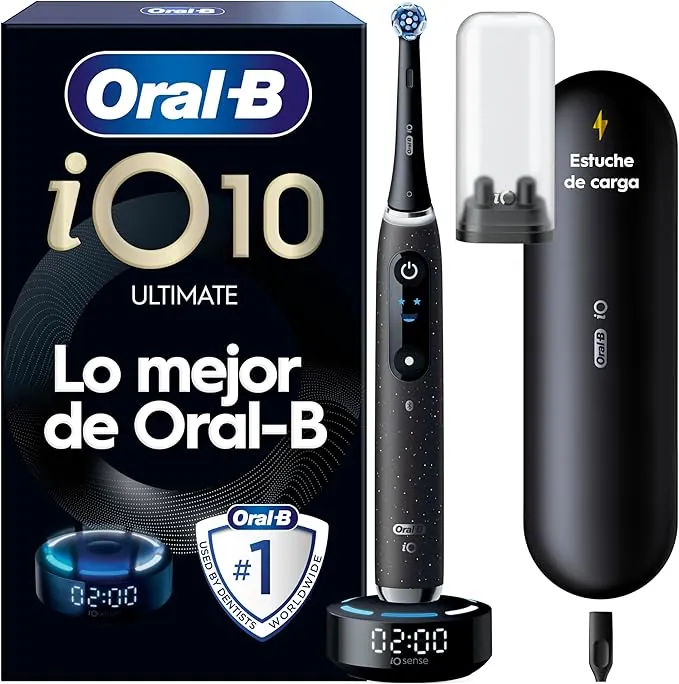 Oral-B iO 10 Cepillo de Dientes Eléctrico Negro Con Mango Recargable, 1 Cabezal y 1 Estuche Cargador de Viaje, 7 Modos De Cepillado, Sensor De Presión, Seguimiento Con App, Diseñado por Braun