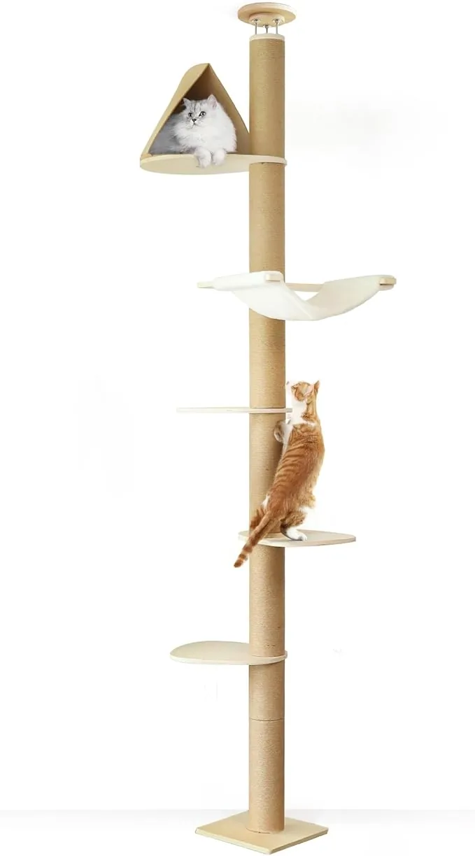 FUKUMARU Árbol rascador para Gatos, Torre de 6 Niveles hasta el Techo (282-305 cm), montado en la Pared, Hecho de Madera de Caucho Natural, con Tienda escondite para Gatos y cómoda Hamaca, Beige