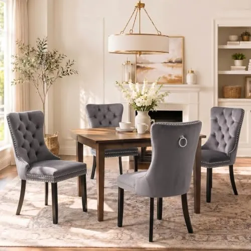 SoarTalent Sillas Comedor Terciopelo Gris, Patas Madera Natural, Juego 4