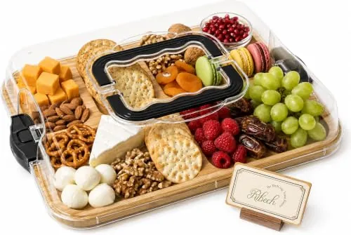 Ribech Tabla de Charcutería con Tapa – Bandeja para Quesos Portátil con 6 Compartimentos, Tabla de Madera de Bambú – Ideal para Picnic, Brunch y Viajes